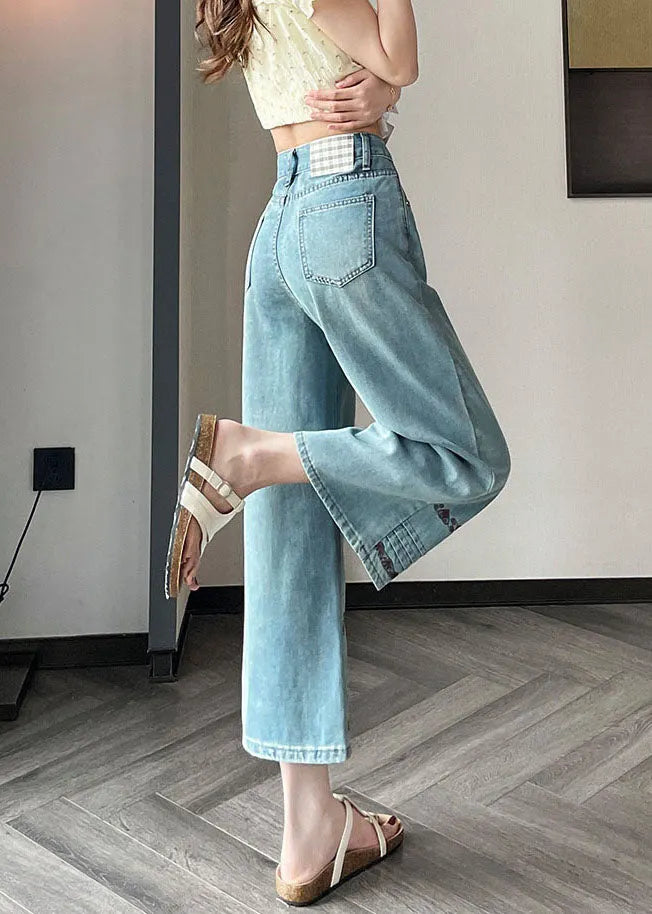 Stylish Blue Embroidered Denim Straight Pants Fall