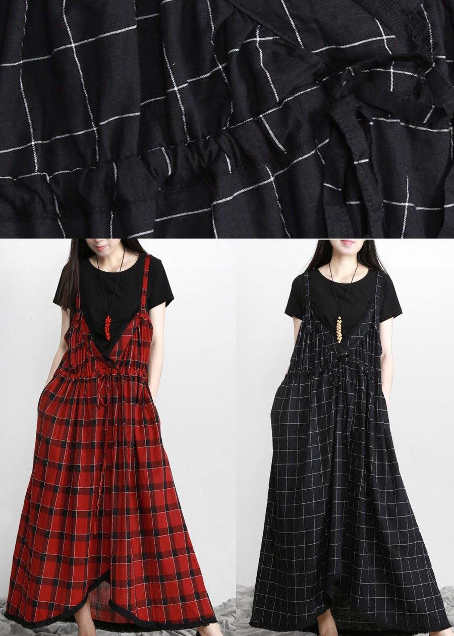 Cotton Red Plaid Italian Dress V Neck