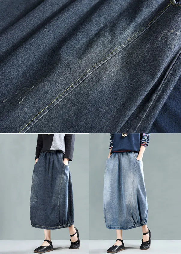 Light Blue Elastic Waist Patchwork Cotton Denim Skirt Spring
