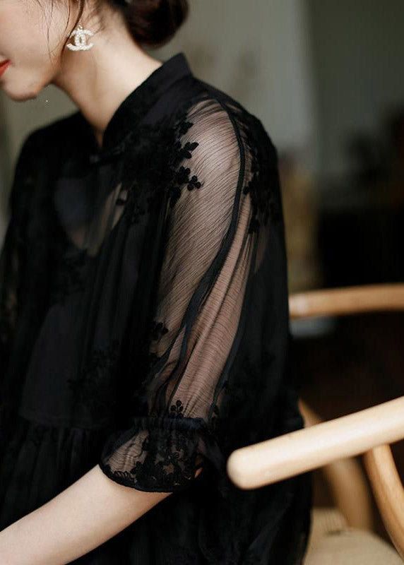 Natural Black Stand Collar Embroideried Button Tulle Long Dress Half Sleeve