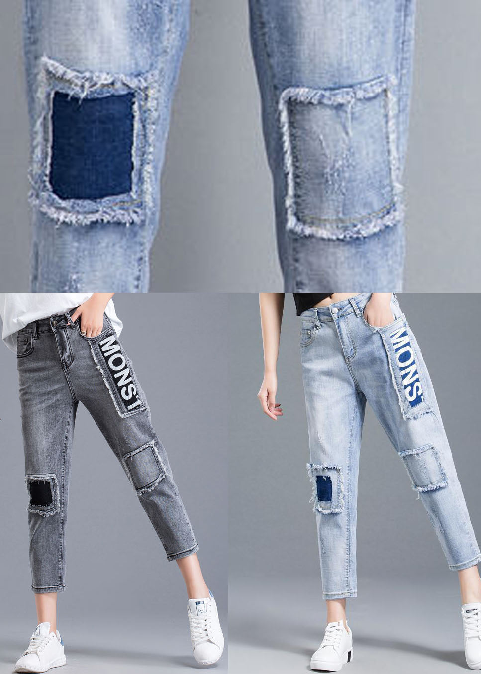 Light Blue High Waist Letter Print Cotton Denim Jeans Summer