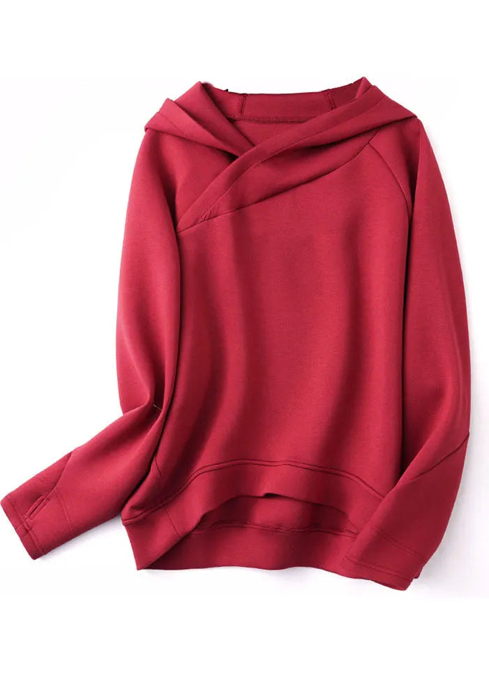 Red Asymmetrical Hooded Color Cotton Sweatshirts Top Fall