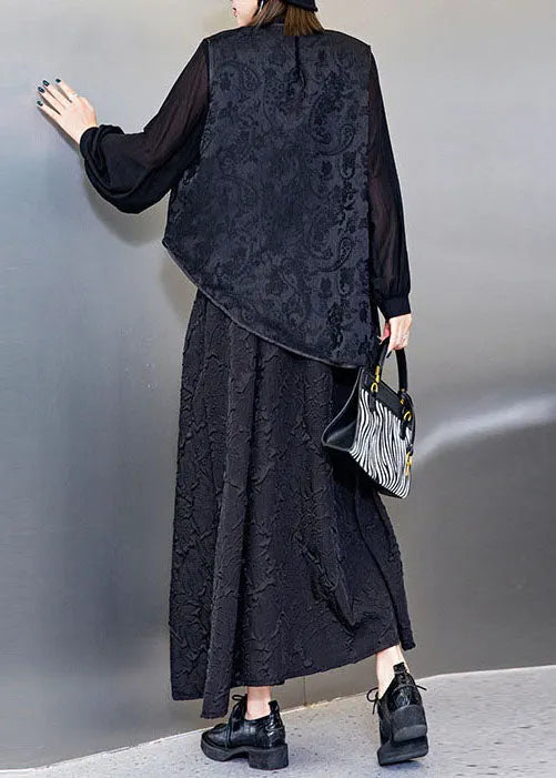Organic Black Jacquard Asymmetrical Tops Loose Vest a Line Skirt Three Piece Outfit Spring