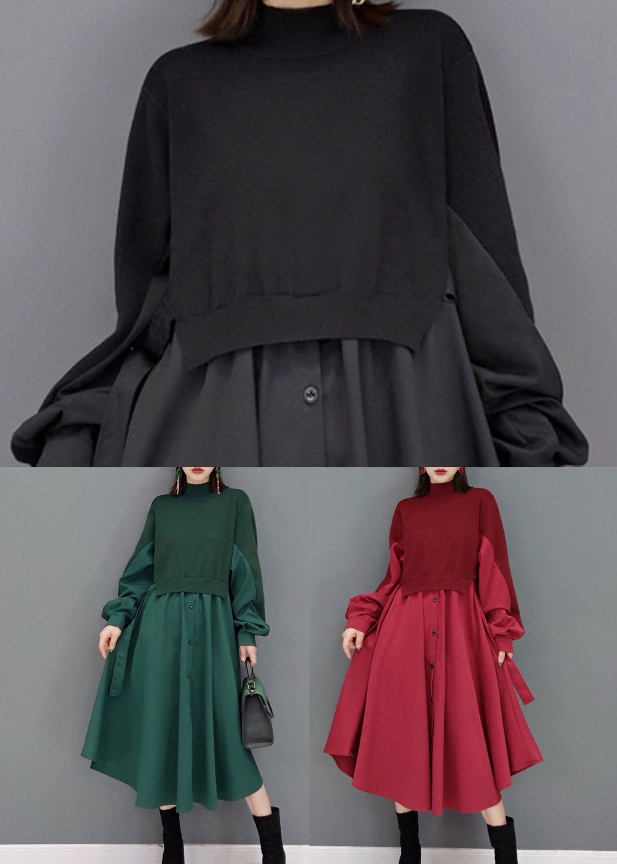 Red Patchwork Knit Cotton Long Dresses Color Button Long Sleeve