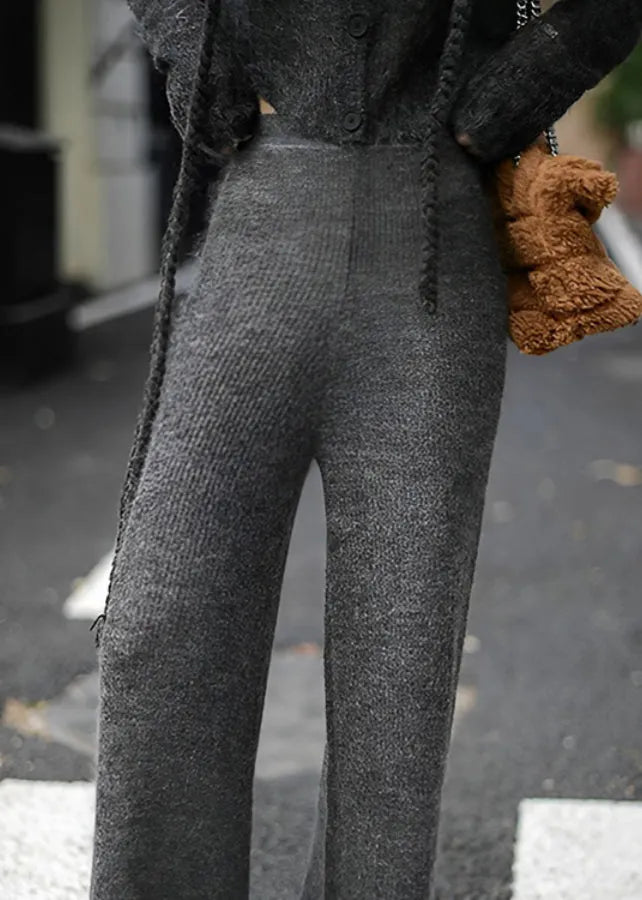 Italian Dark Grey V Neck Button Patchwork Knit Two Piece Set Outfits Fall