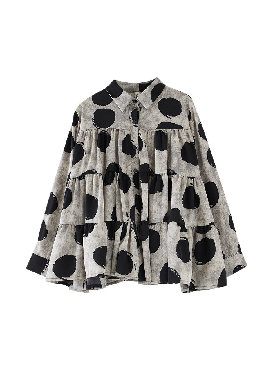 Black Peter Pan Collar Dot Wrinkled Cotton Shirts Fall