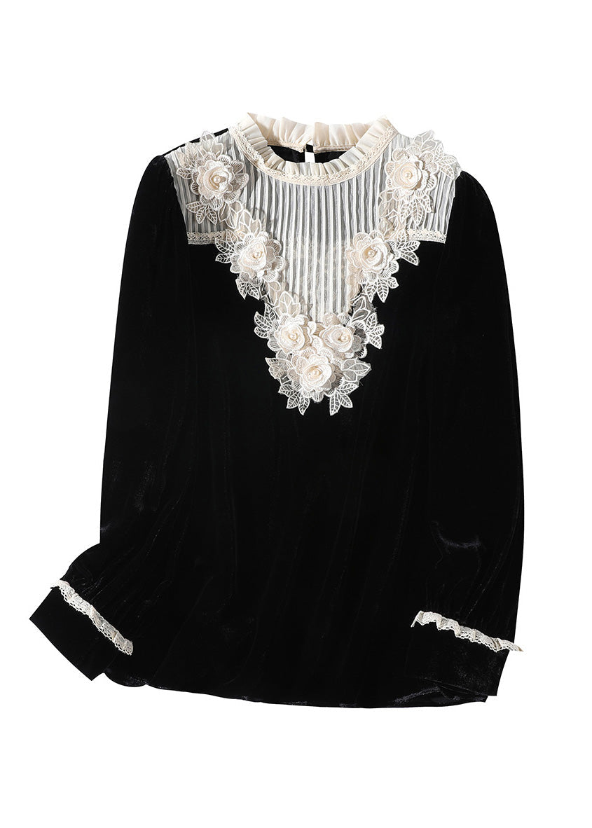 Modern Black Stand Collar Lace Patchwork Silk Velour Tops Spring