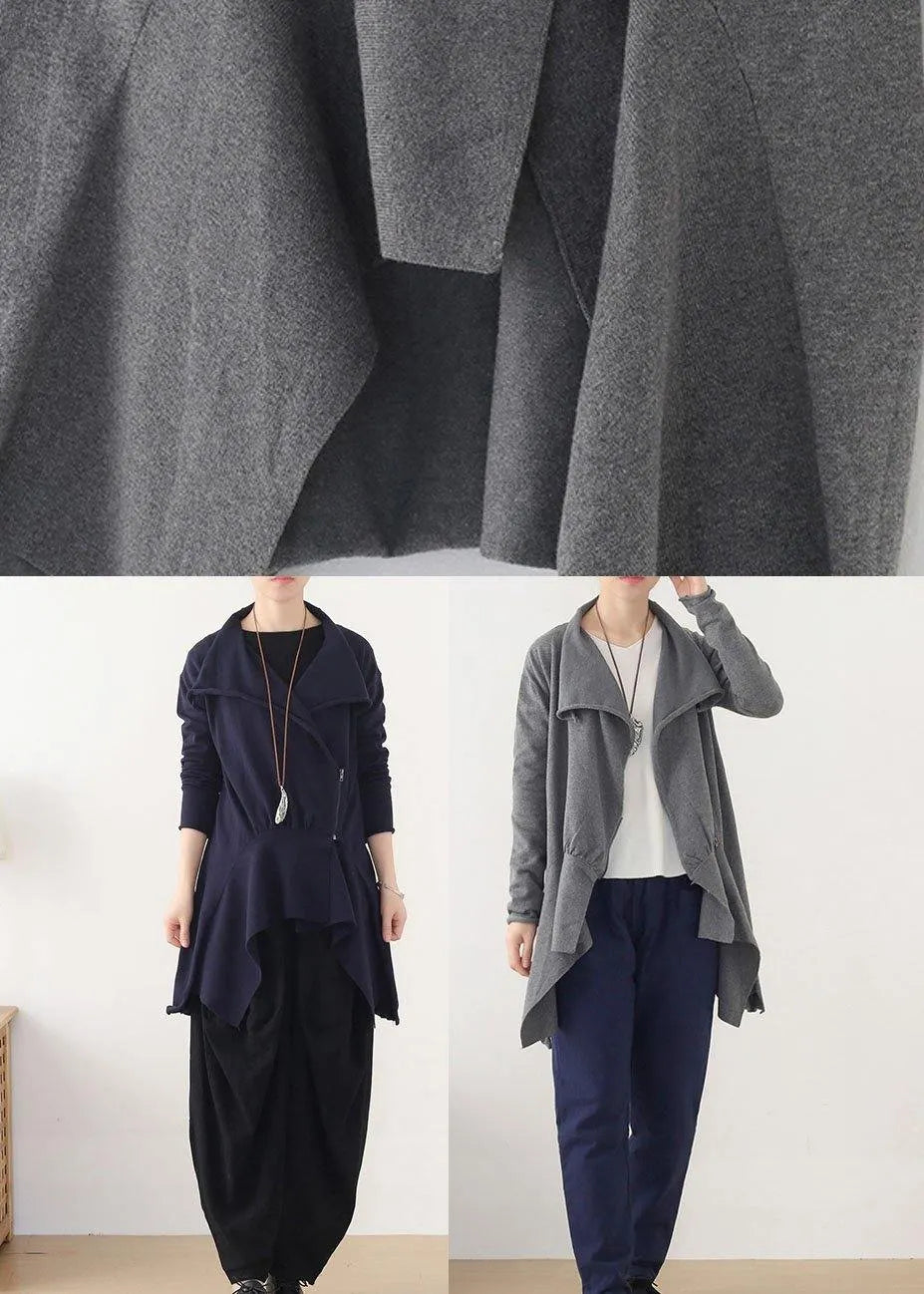 Style Blue Asymmetrical Design Zippered Fall Coat Short