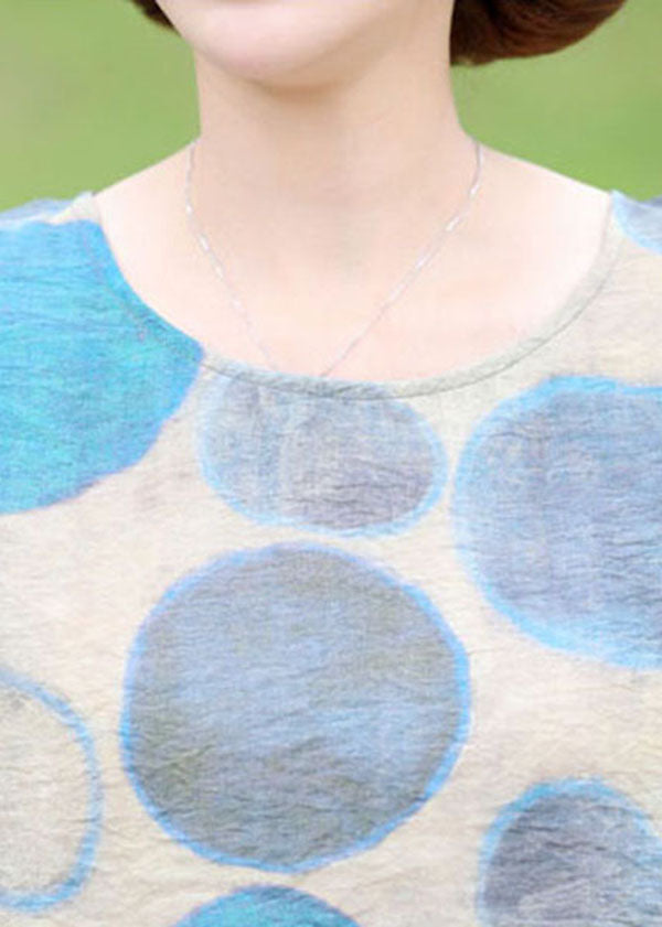 Blue O-neck Dot Print Linen Tops and Crop Pants Two Pieces Set Short Sleeve