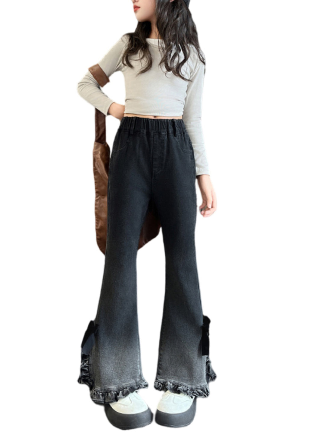 Gradient Color Ruffled Side Open Bell-bottom Trousers Spring