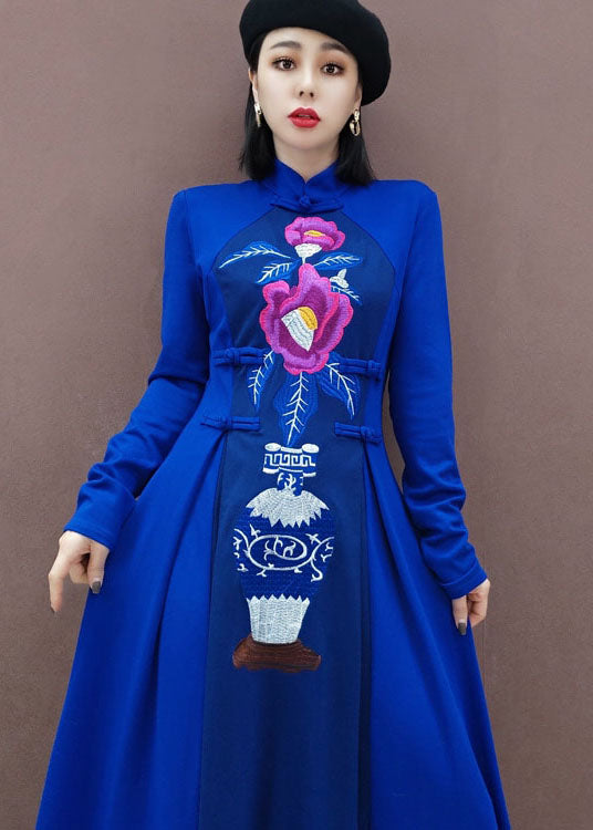 Blue Stand Collar Embroideried Long Dresses Spring