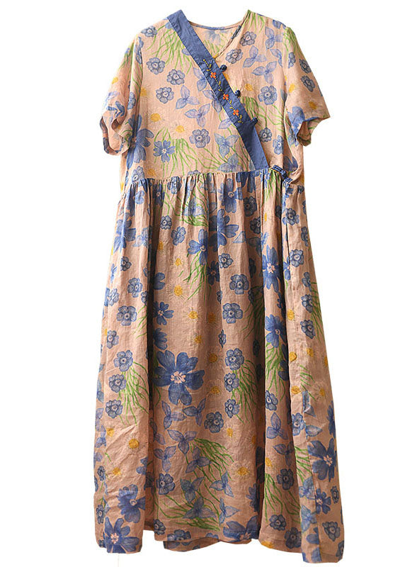 Asymmetrical Design Embroideried Print Linen Long Dress Short Sleeve