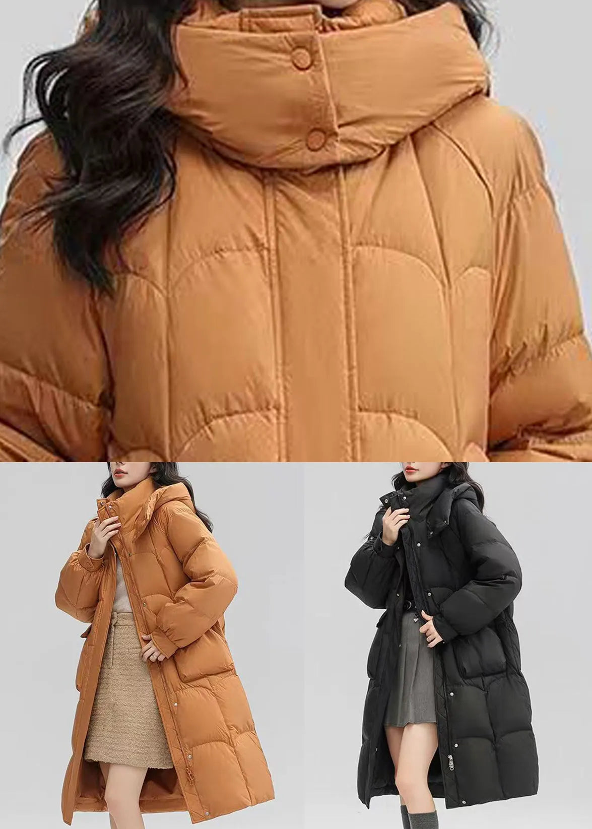 Orange Hooded Pockets Patchwork Duck Down Long Coat Winter