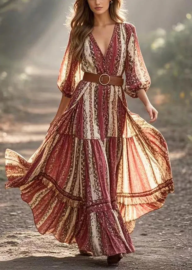 Print Exra Large Hem Cotton Cinched Dress Spring