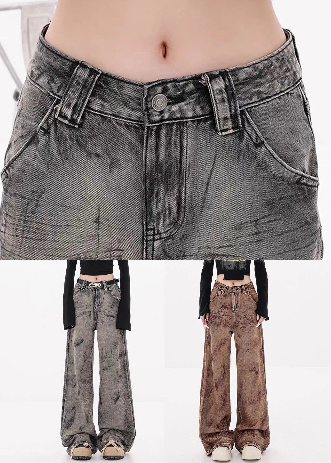 Camel Tie Dye Pockets High Waist Denim Pants Fall