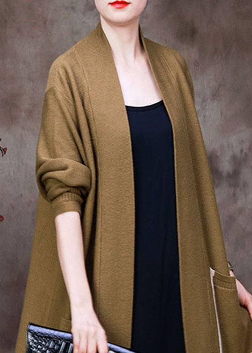 Yellow V Neck Hollow Out Pockets Knit Cardigans Long Sleeve