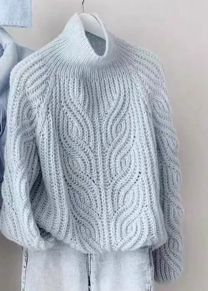 Style Blue Turtleneck Cozy Cotton Knit Cable Knit Sweaters Lantern Sleeve Spring