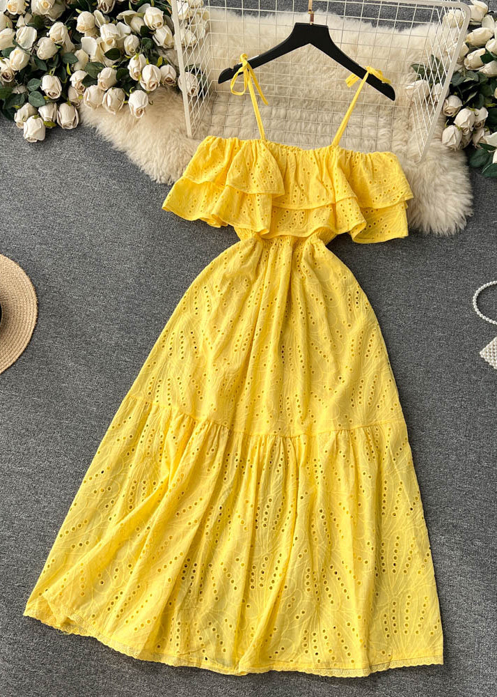 Yellow Slash Neck Hollow Out Cotton Spaghetti Strap Dress Sleeveless