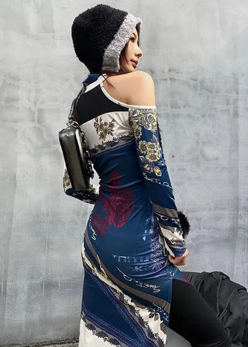 Colorblock Cold Shoulder Print Cotton Dress Long Sleeve