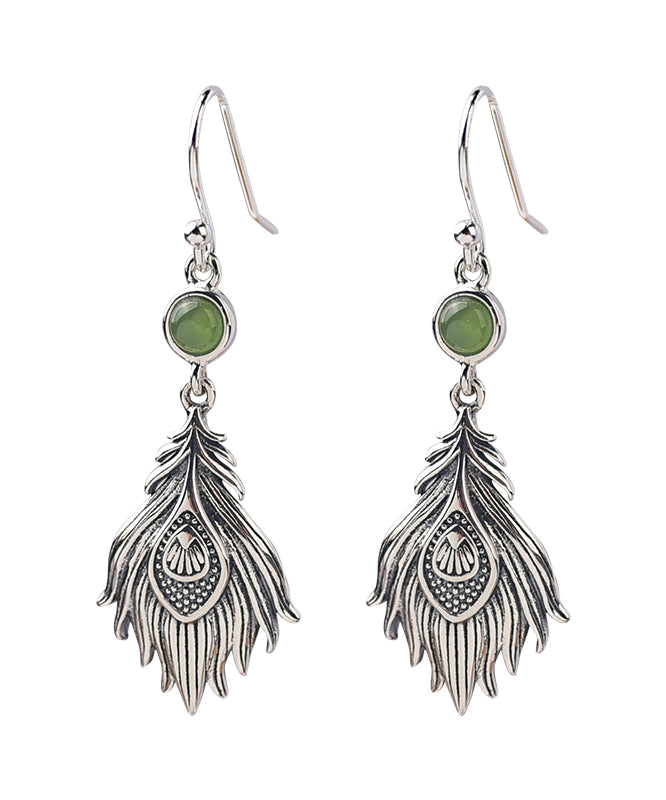 Sterling Silver Jade Feather Drop Earrings