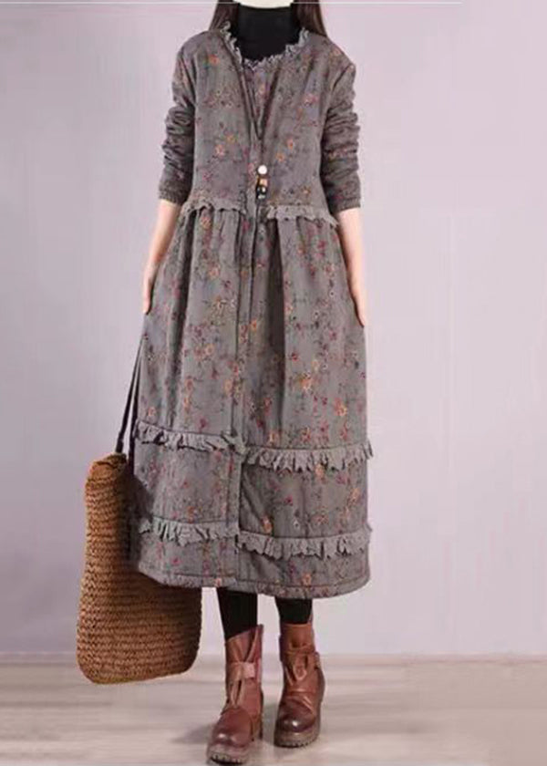 Blue Ruffled Print Patchwork Cotton Dresses Fall