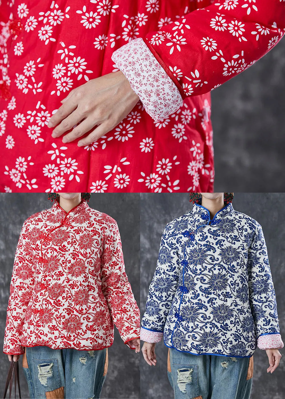 Chinese Style White Print Chinese Button Fine Cotton Filled Jacket Winter
