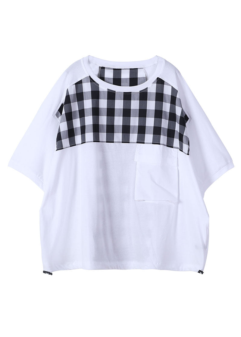 White Patchwork Cotton Shirt Top O-neck Asymmetrical Short Sleeve