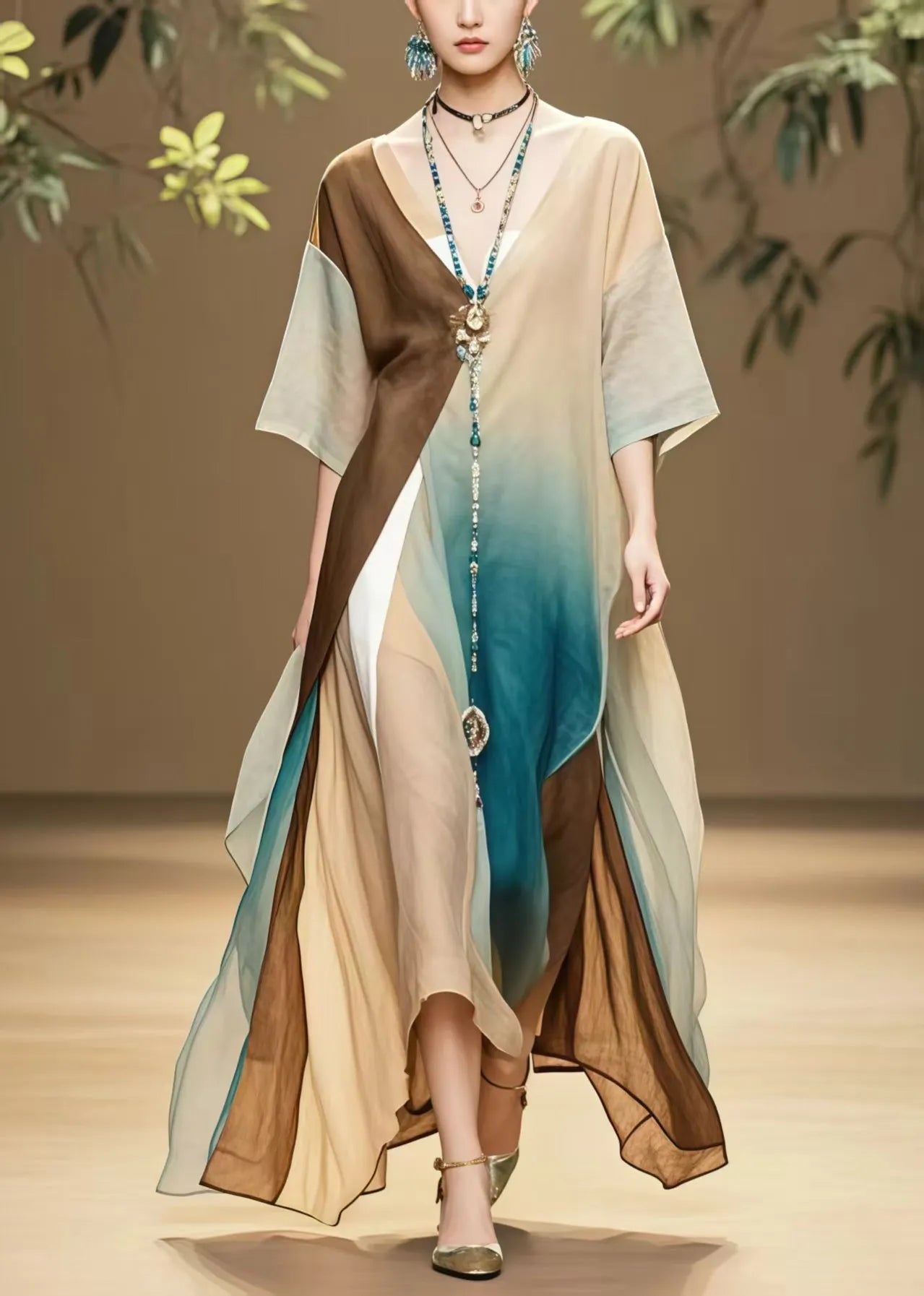 Loose Colorblock Asymmetrical Design Cotton Maxi Dresses Summer