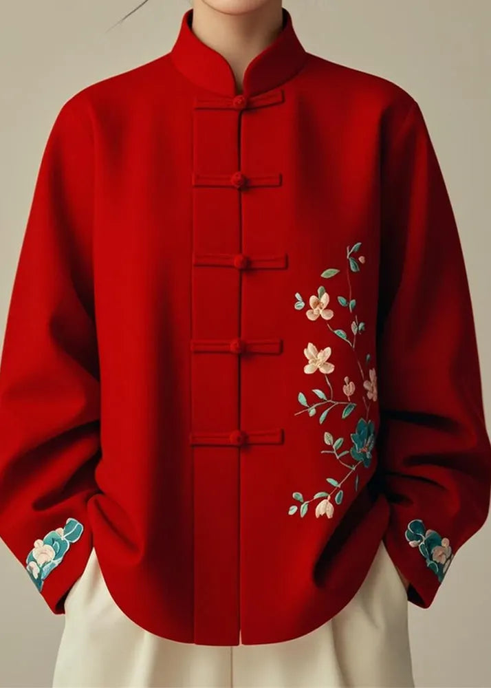 Red Stand Collar Print Cotton Coats Spring