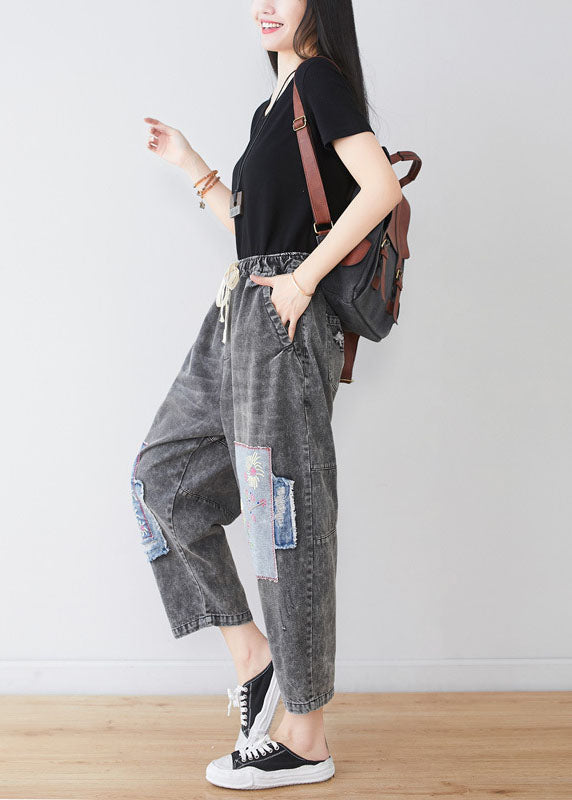 Grey Embroideried Patchwork Applique Cotton Denim Pants Spring