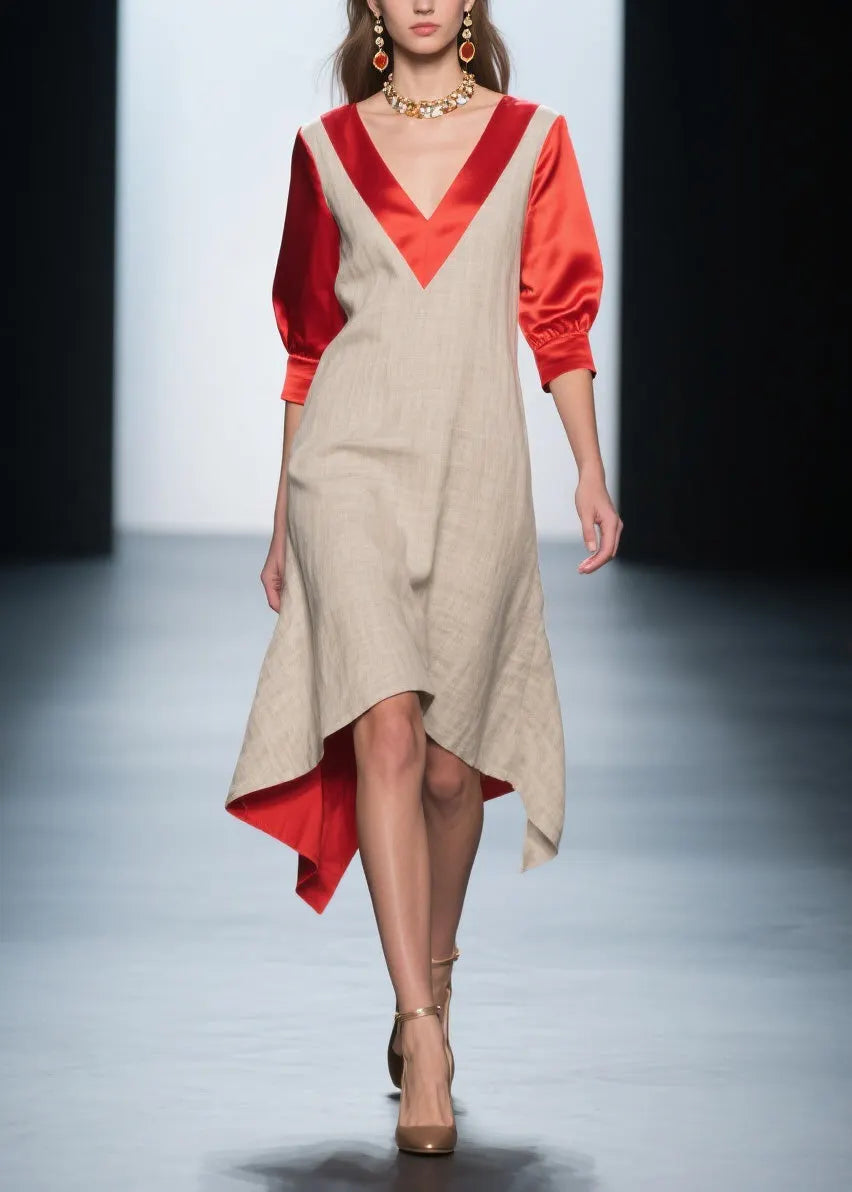 Colorblock V Neck Patchwork Linen Silk Dresses Summer
