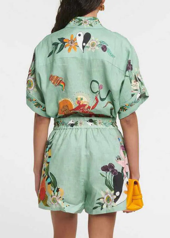 Organic Green Shirts and Shorts Patchwork Print Two Pieces Set Short Sleeve