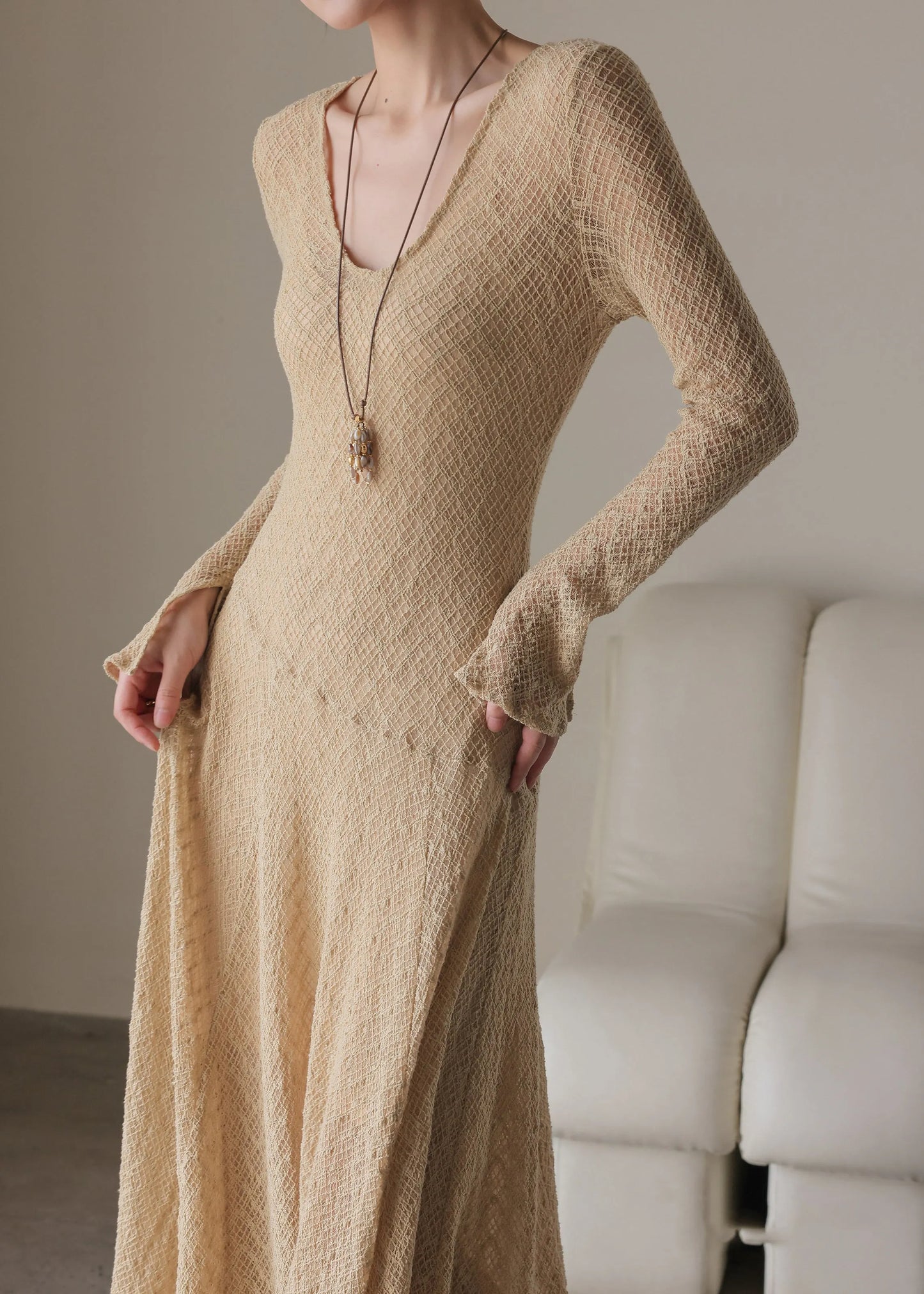 Handmade Khaki U Neck Maxi Dress Spring