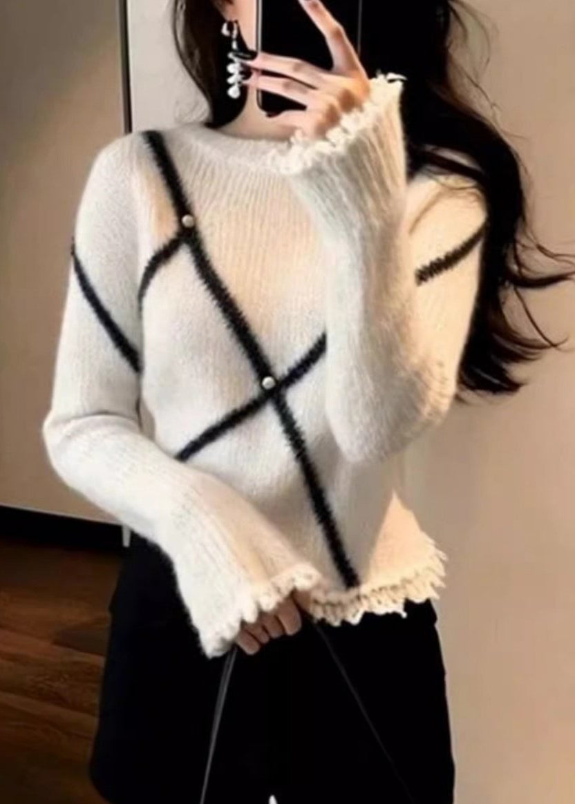 White O-neck Striped Pearl Cotton Knit Sweater Flare Sleeve