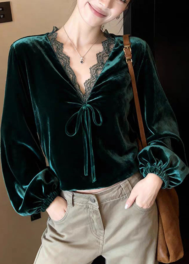 Peacock Green V Neck Lace Patchwork Silk Velvet Shirt Lantern Sleeve Spring