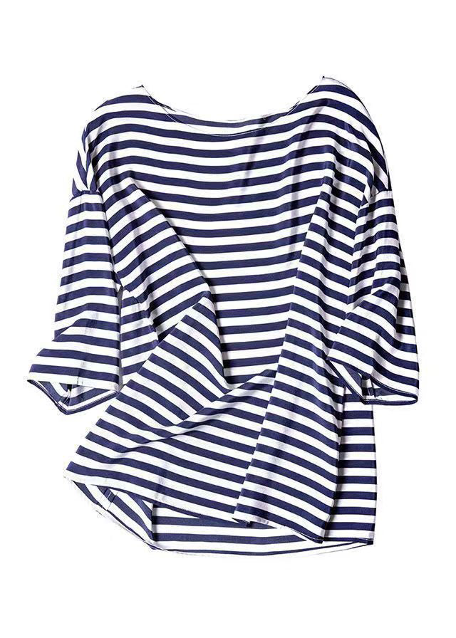 Blue O Neck Striped Silk Shirt Tops Summer
