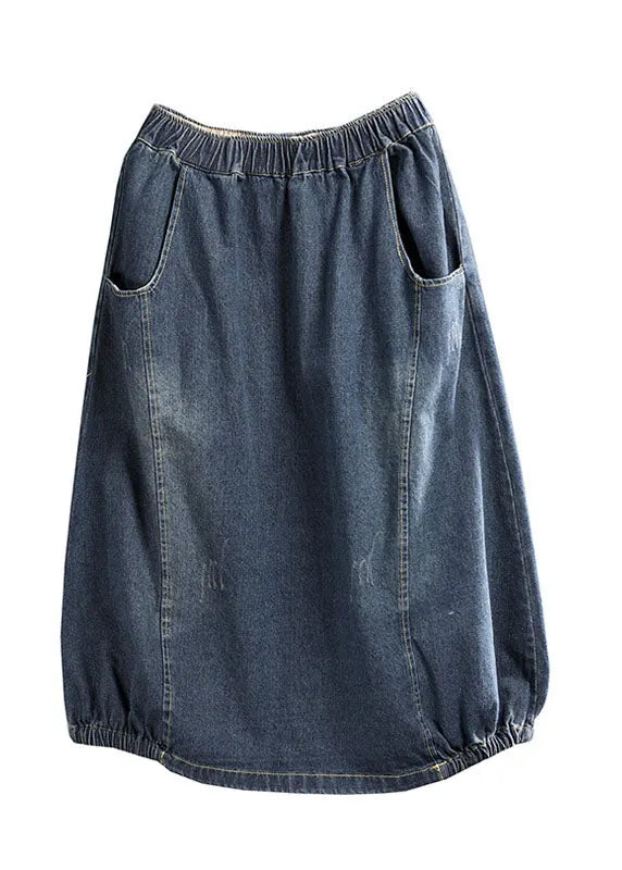 Dark Blue Patchwork Denim a Line Skirt Wrinkled Spring