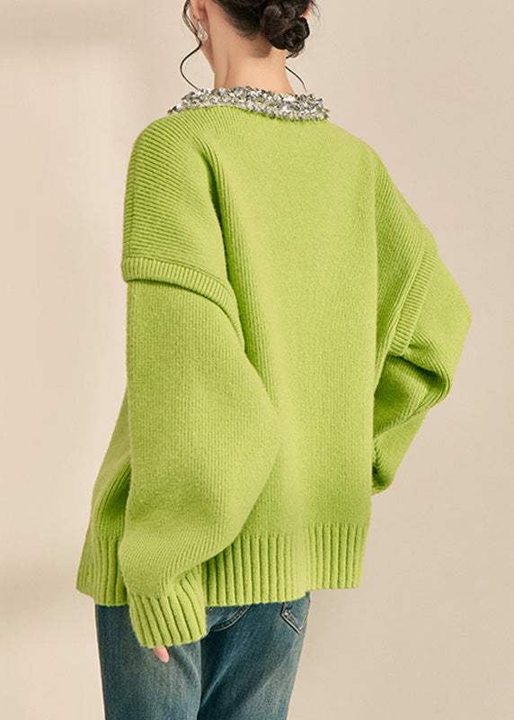 Green O-neck Patchwork Cotton Knit Sweater Long Sleeve Winter