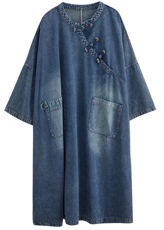 Denim Blue O-neck Patchwork Button Long Dress Long Sleeve