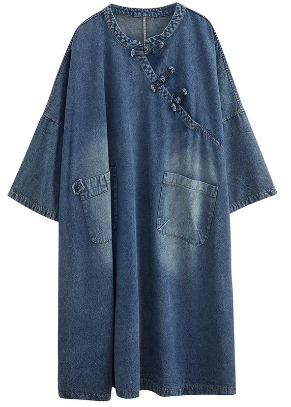 Denim Blue O-neck Patchwork Button Long Dress Long Sleeve