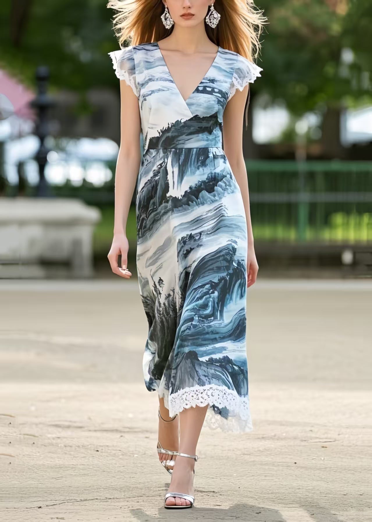 Print Patchwork Lace Holiday Dresses Sleeveless