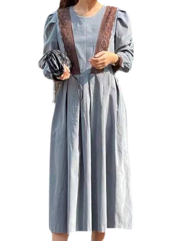 Khaki O Neck Wrinkled Patchwork Lace Cotton Dress Spring