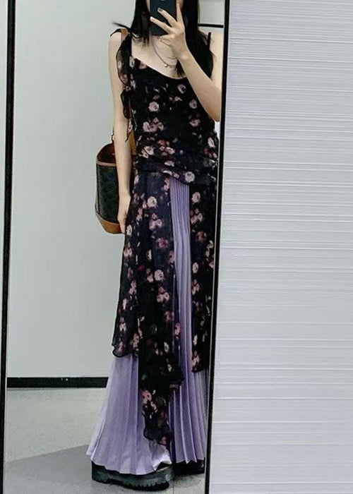 Black Ruffled Print Chiffon Two-piece Set Sleeveless