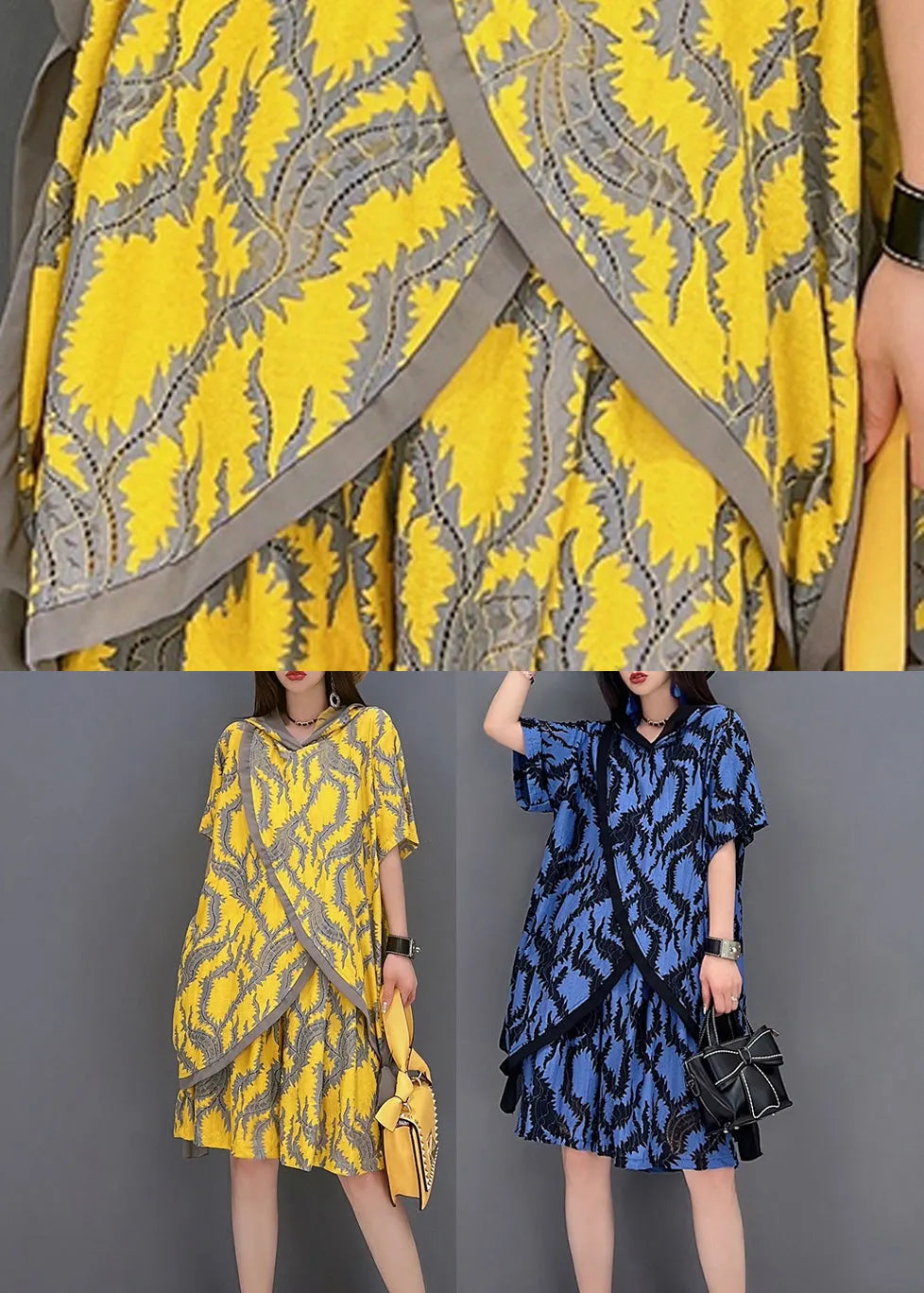 Yellow Hooded Patchwork Print Tops and Shorts Two Pieces Set Summer