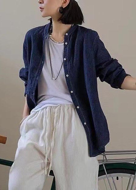 Navy Oversized Linen Shirt Top Fall