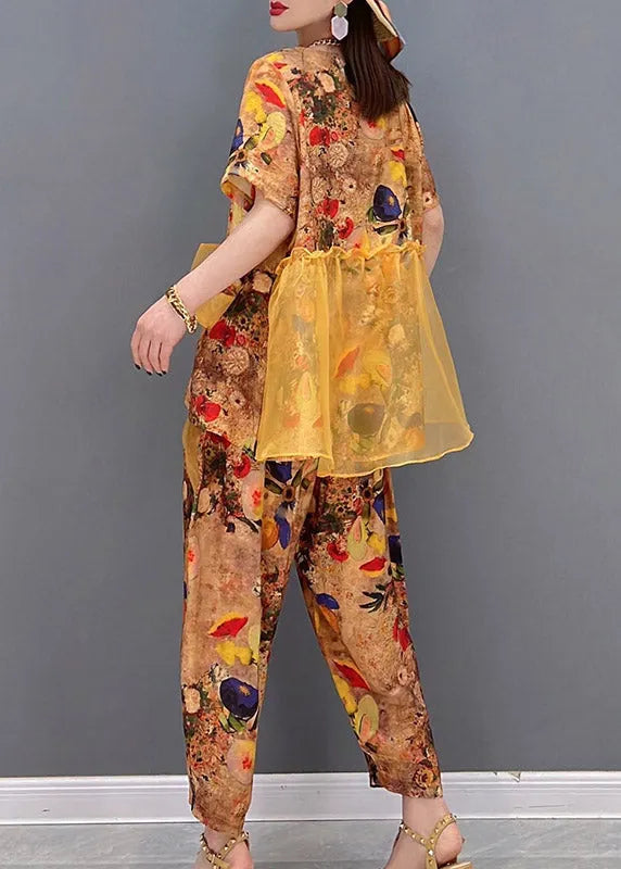 Yellow O-neck Print Tulle Patchwork Chiffon Tops and Pants Two Piece Set Clothing Short Sleeve