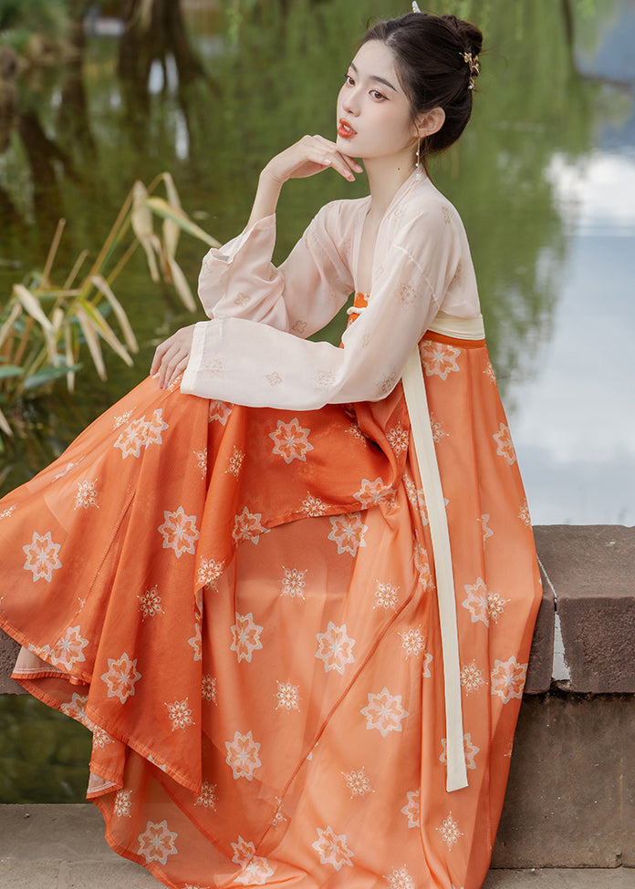 Orange Print Lace Up Wrinkled Patchwork Chiffon Two Pieces Set Fall