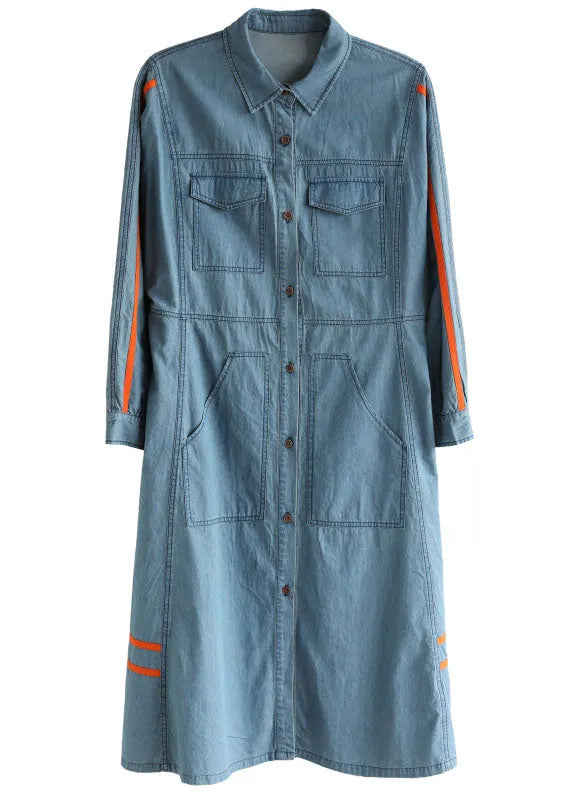 Denim Blue Pockets Patchwork Tie Waist Cotton Long Dress Long Sleeve