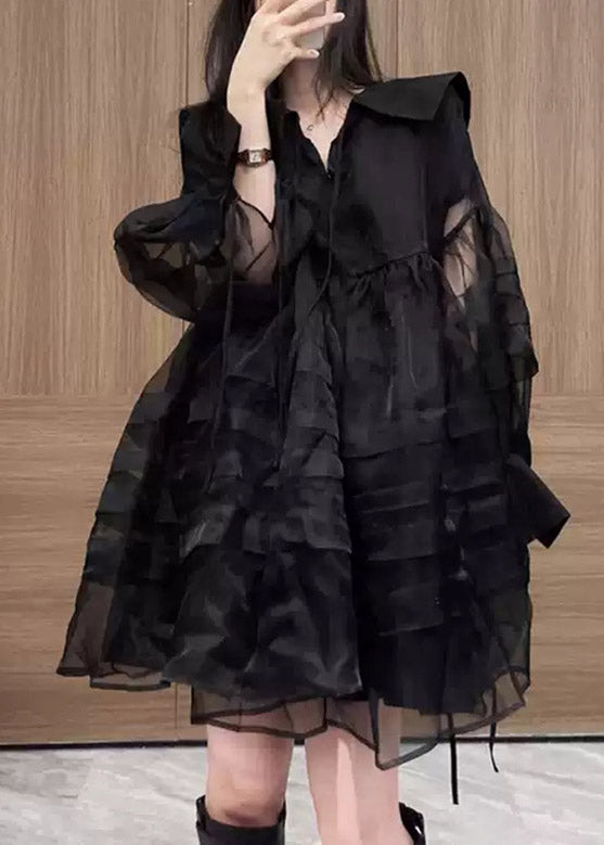 French Black V Neck Patchwork Tulle Mid Dresses Long Sleeve Fall