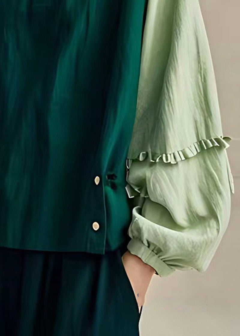 Dull Green Oversized Patchwork Linen Shirts Spring